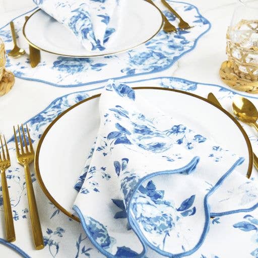 Blue Rose Scalloped Dinner Napkin Set