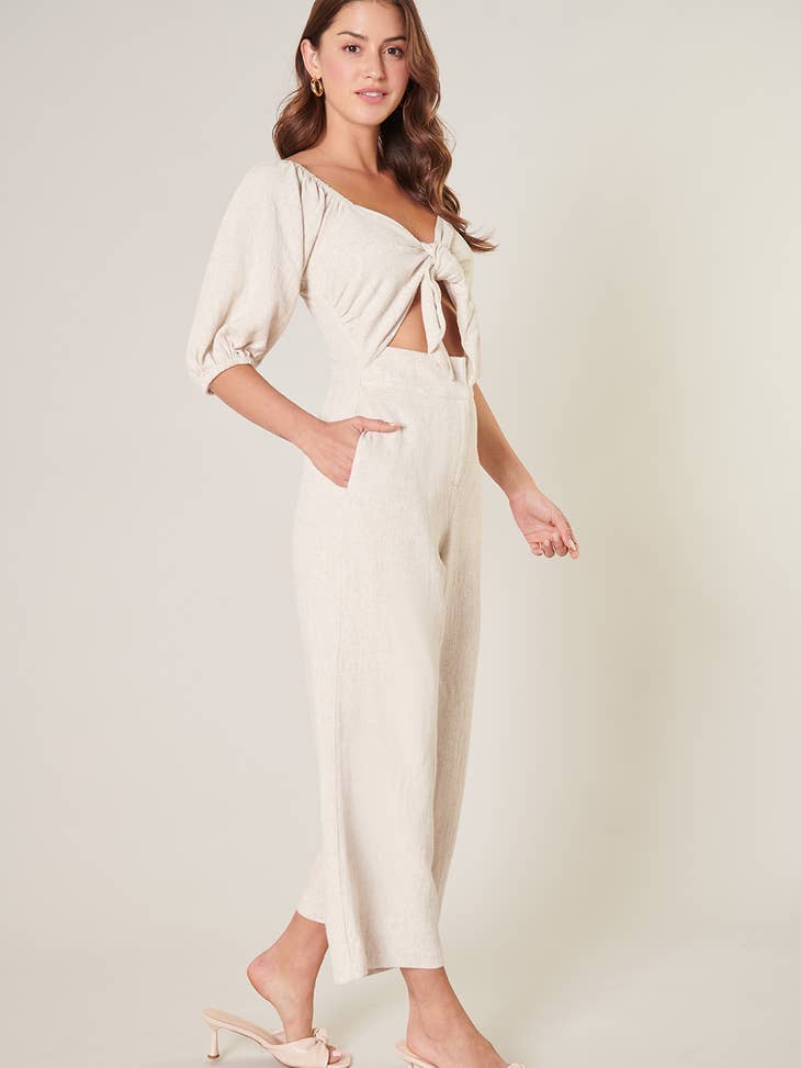 Sandy Beach Cut Out Tie Front Linen Jumpsuit