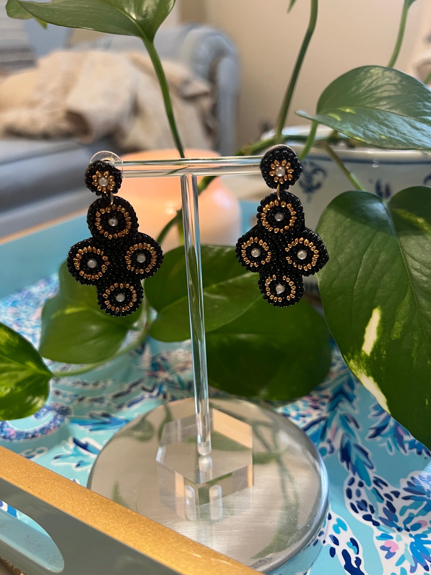 Black & Gold Beaded Statement Dangle Earrings