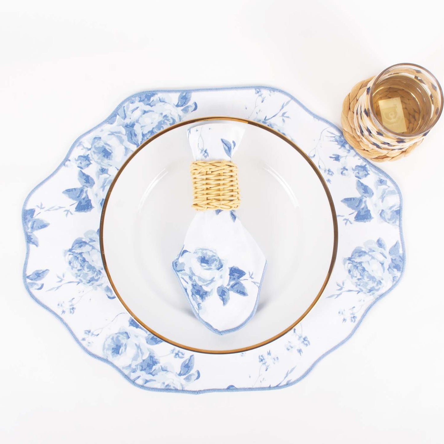 Blue Rose Scalloped Dinner Napkin Set