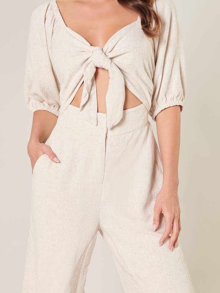 Sandy Beach Cut Out Tie Front Linen Jumpsuit