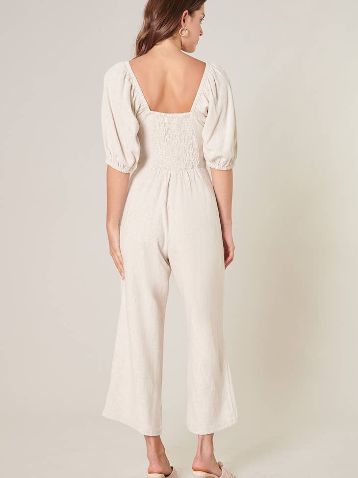 Sandy Beach Cut Out Tie Front Linen Jumpsuit