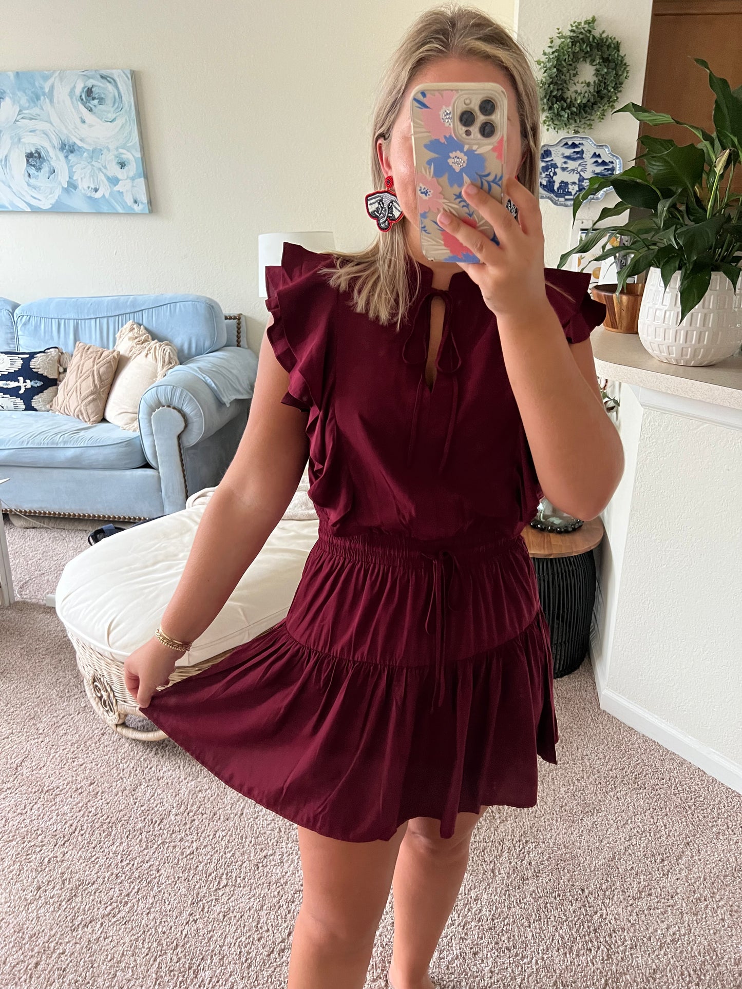 Maroon Ruffle Mini Dress