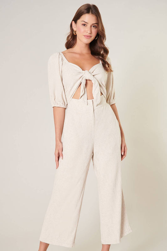 Sandy Beach Cut Out Tie Front Linen Jumpsuit