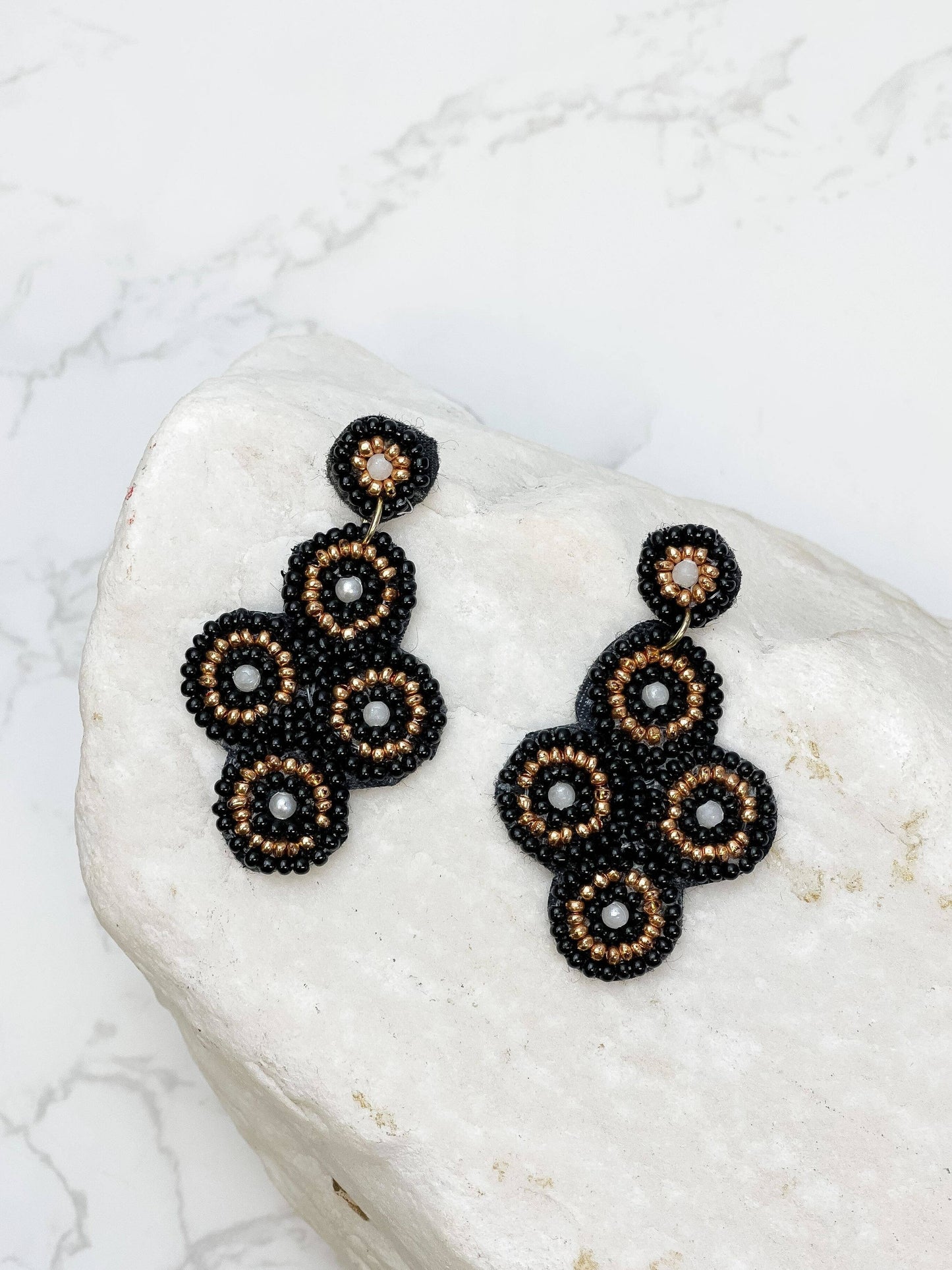 Black & Gold Beaded Statement Dangle Earrings